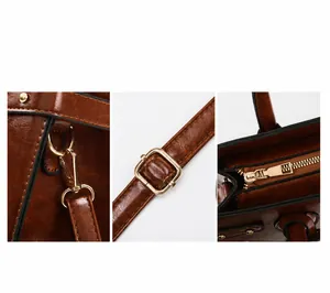 Detail view showing golden zipper and metal hardware on dark brown leather handbag