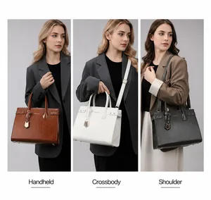 Three-way carry leather bag showing handheld, crossbody and shoulder styles in multiple colors