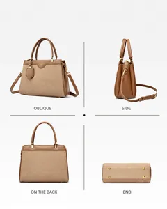Detailansichten der khakifarbenen Webhandtasche mit braunem Lederbesatz und Goldakzenten