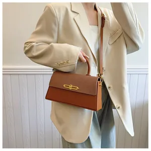 Detail einer braunen zweifarbigen Lederhandtasche mit Goldschnalle am Modell