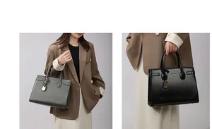 Detail showing two leather tote bags in dark green and black with gold metal hardware