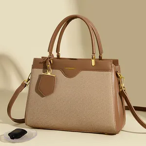 Damen Mode Handtasche Große Kapazität Spleißen PU-Leder Gewebe Umhängetasche Einfache Pendler Tote Geldbörse Goldene Hardware