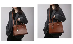 Dual view of vintage brown leather handbag with adjustable strap and polished finish