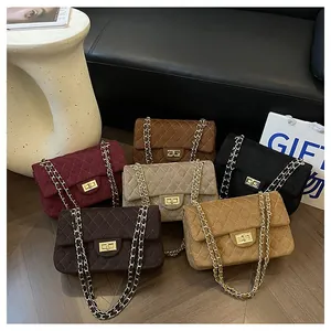 Women's Vintage Quilted Flap Chain Crossbody Bag PU Velvet Look Lattice Pattern Small Square Bag Gold Metal Lock Shoulder Bag