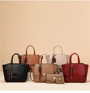 Detailoverzicht van een 3-delige tote bag set met portemonnee in vijf klassieke kleuren