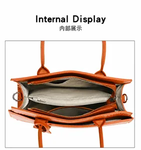 Internal view of the handbag showing multiple compartments and zipper pockets