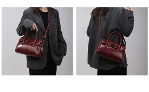 Détail du sac cabas en cuir bordeaux montrant la texture brillante et la bandoulière