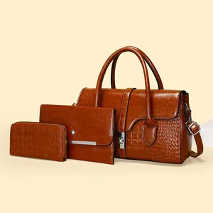Set di Borse a Mano a Tracolla e Portafoglio in Pelle di Vacca con Motivo a Coccodrillo Vintage per Donna Borsa a Spalla in Pelle Lucida per Ufficio con Serratura