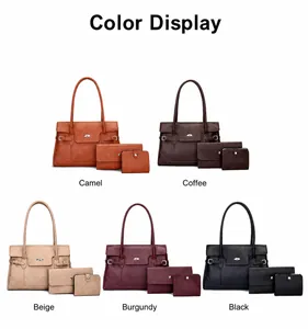 Dreiteiliges Shopper-Set mit Geldbörse in Khaki, Braun, Beige, Rot und Schwarz