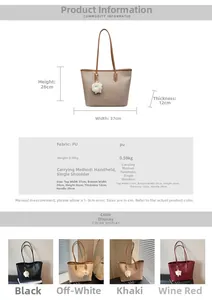 Detailed view showing large tote bag dimensions 37x26x12cm and weight 0.59kg in four colors