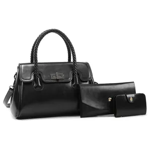 Ensemble 3 pièces de sacs en cuir PU noir comprenant cabas, pochette et porte-cartes