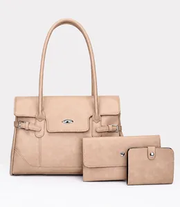 Beiges dreiteiliges Shopper-Set mit Kieselstruktur, Metallschnallen und passenden Geldbörsen