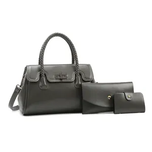 Ensemble 3 pièces en similicuir gris foncé avec poignées tressées et fermoir