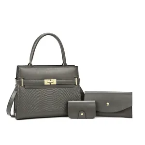 Ensemble 3 pièces sac à main gris avec détails en serpent et ferrures dorées chic