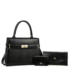 Ensemble de 3 sacs à main noirs pour femme avec texture crocodile et boucles dorées