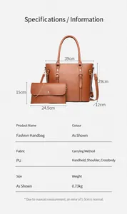Tableau détaillé des tailles pour l'ensemble de sacs en cuir PU marron avec dimensions