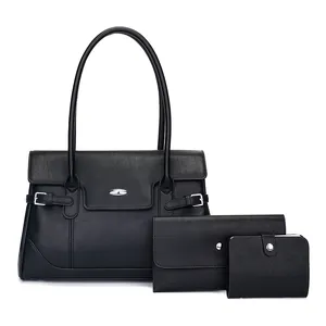 3-teiliges Set aus schwarzer Ledertasche mit Lychee-Struktur und Metallschnalle