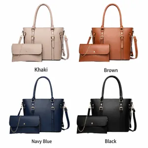 Détail de l'ensemble sac à main 2 pièces en cuir kaki, marron, bleu et noir élégant