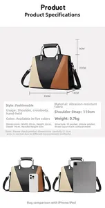 Detailed dimension chart showing size comparison with tablet for tricolor leather handbag
