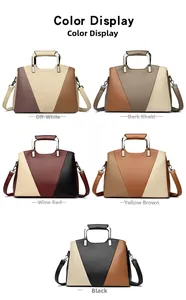 Detailed view of color-block tote bags with metal handles and litchi texture finish