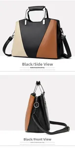 Detail view of tricolor leather tote bag with metal handle and detachable shoulder strap