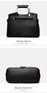 Detailed back view and bottom of black pebbled leather tote showing the silver zip pocket
