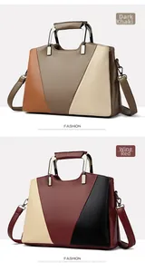 Detail view of contrast color handbags in dark khaki and wine red with lychee leather texture