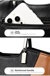 Detail of the back zipper pocket and reinforced silver hardware on the leather handbag