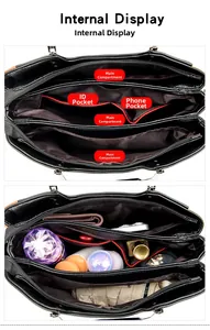 Internal display of the large capacity tote bag with multiple compartments and pockets