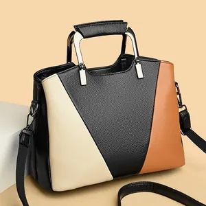 Women Fashion Color Block Handbag Large Capacity Commuter Shoulder Crossbody Bag PU Leather Litchi Pattern Tote Bag