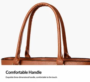 Close-up of comfortable Saffiano leather handle with neat stitching on a brown tote