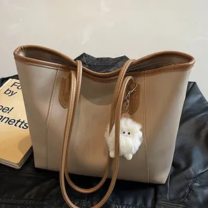 Women Fashion Large Capacity Tote Bag Contrasting Color PU Leather Single Shoulder Handbag With Cute Plush Charm For Office