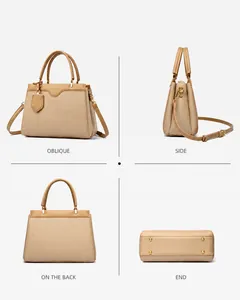 Detailed views of a khaki tote bag with lychee grain texture and gold bottom studs