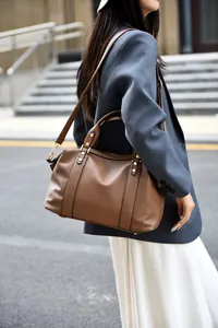 Outdoor street style shot of a brown lychee pattern Boston bag with gold rivets
