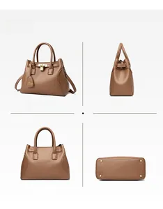 Vues détaillées d'un sac à main kaki en cuir grainé avec pieds en métal et cadenas