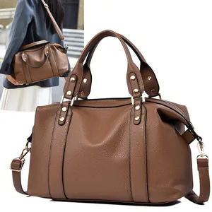 Women Litchi Pattern PU Leather Boston Bag Large Capacity Vintage Handbag Rivet Decor Shoulder Crossbody Bag Daily Commute