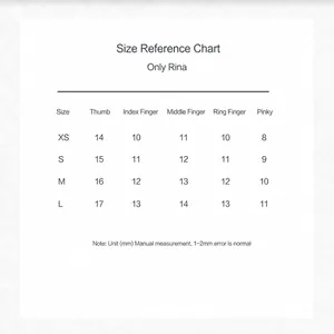 Size chart for press-on nails showing width dimensions from XS to L in millimeters