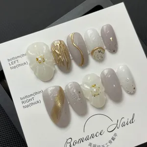 Handmade press-on nails with 3D floral relief, gold thread, and pearls in Morandi tones