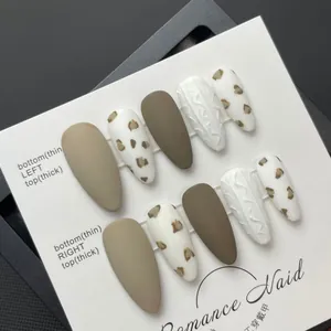 Handmade leopard print and cable knit textured almond press-on nails in matte brown tones
