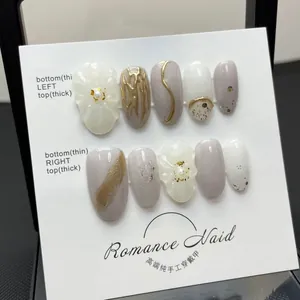 Handmade Japanese Ins Style Press On Nails 3D Floral Gold Foil Pearls Elegant False Nails For Women Daily Decor Enhancement