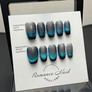 Handmade aurora cat eye press-on nails with blue-green gradient glitter and 10 pieces set