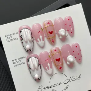 Handmade Press On Nails Pink 3D Rabbit Rococo Style Sweet Japanese Design Removable Fake Nails For Women Daily Manicure