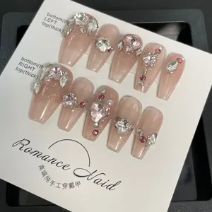 Handmade Luxury Press On Nails Set Pink Silver Gradient Stacked Rhinestone Heart Star Coffin Fake Nails For Women Manicure