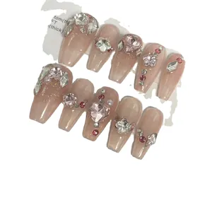 Handmade gradient pink long coffin press-on nails with sparkling rhinestones and glitter