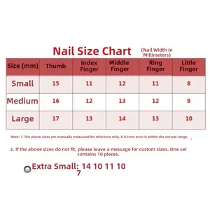 Detailed size guide for handmade press-on nails including XS to L measurements in mm