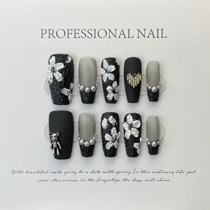 Handmade Press On Nails Black Rose 3D Flower Matte Grey Black With Artificial Pearl Metal Bear Heart Long Coffin Shape Nail Art
