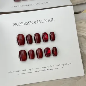 Handmade Burgundy Cat Eye Press On Nails Luxury Red Rhinestone Square Round False Nails For Women New Year Manicure Decor
