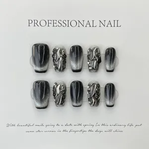 Handmade Press On Nails Black Silver Cat Eye Rhinestone Trapezoid Gothic Cool Dark Style False Nails For Women Decorative Art