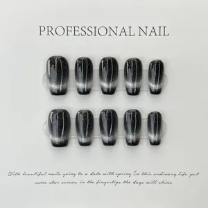 Dark night brown cat-eye gradient handmade press-on nails with silver glitter finish