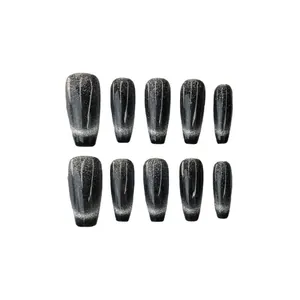 Handmade brown cat-eye gradient press-on nails in long coffin shape set of 10